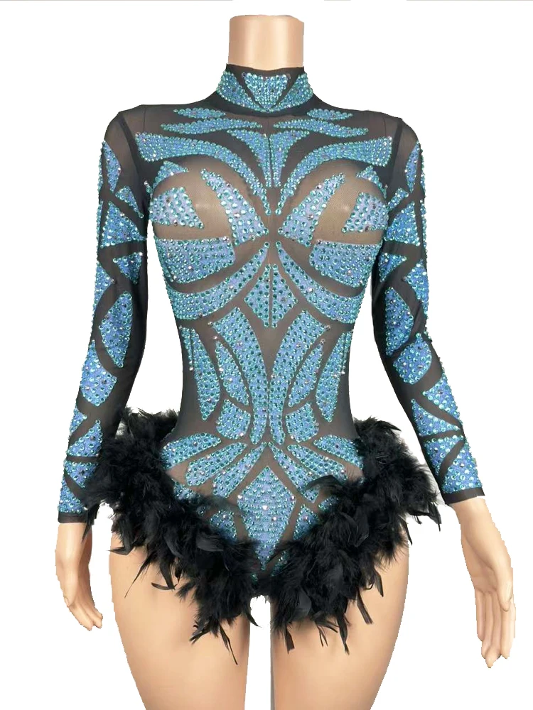 Sexy See Through Elastic Black Mesh Feathers Women Jumpsuit Party Club Wear Photo Shoot Show Outfit Stage Performance Costume