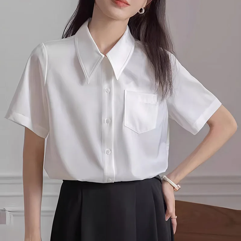

Summer One Pocket Satin Women's Blouses 2025 Short Sleeve Single Breasted Elagant Korean Office Lady Casual Loose Shirts Female