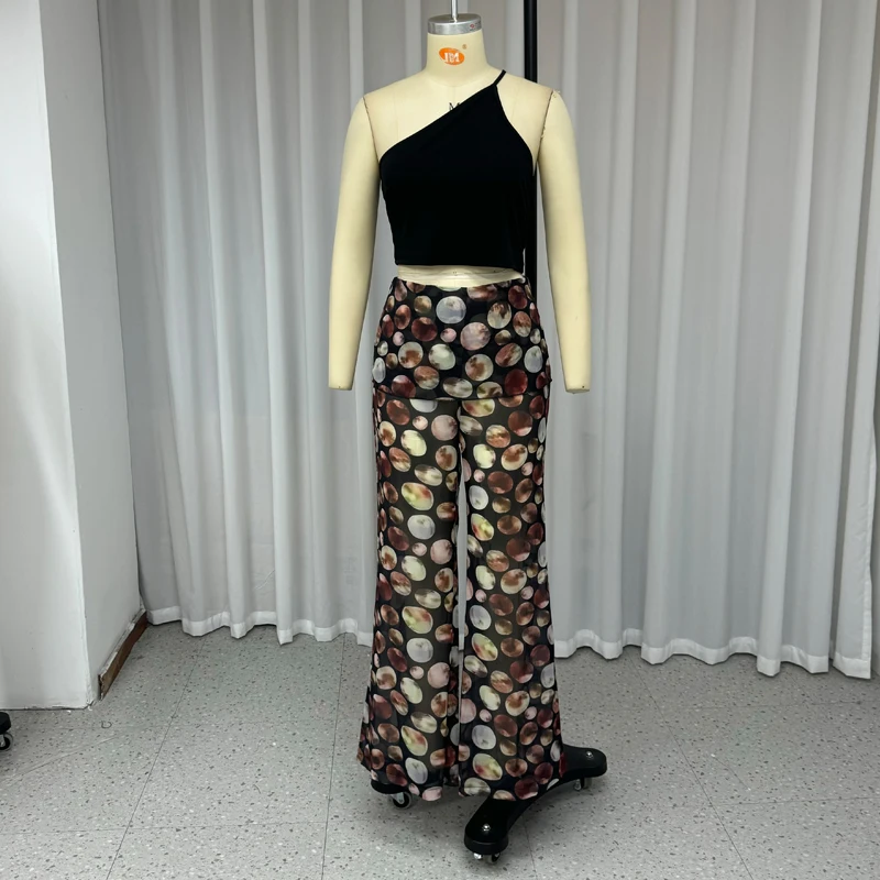 Wefads Two Piece Suit 2024 Summer Women Casual Sleeveless Solid Solid Skew Collar Top Printed Wide Leg Pants Sets Streetwear