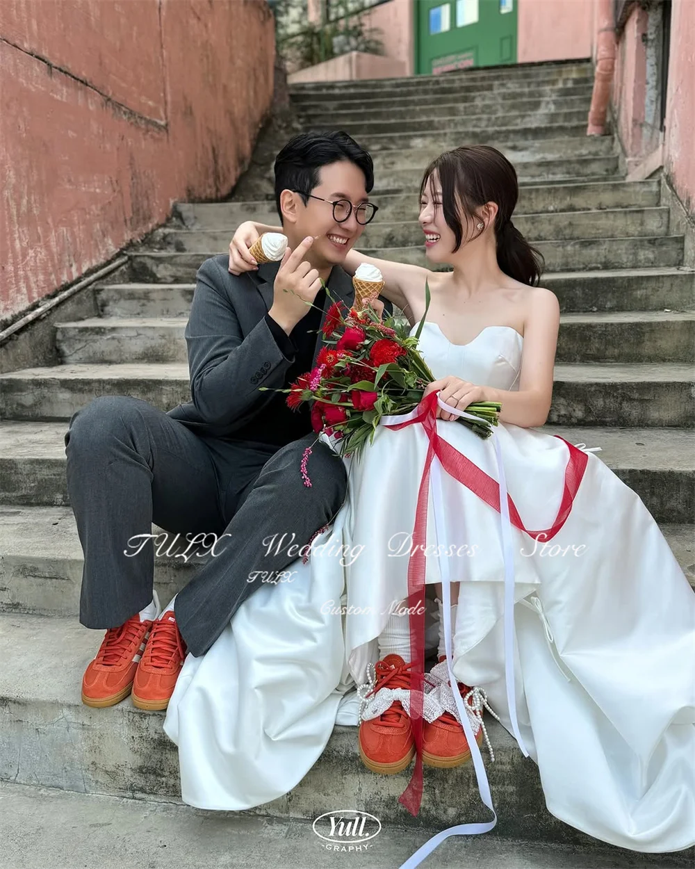 TULX – robe de mariée élégante en Satin, manches assorties, séance Photo coréenne, ligne A, sans bretelles, Corset Long, personnalisée