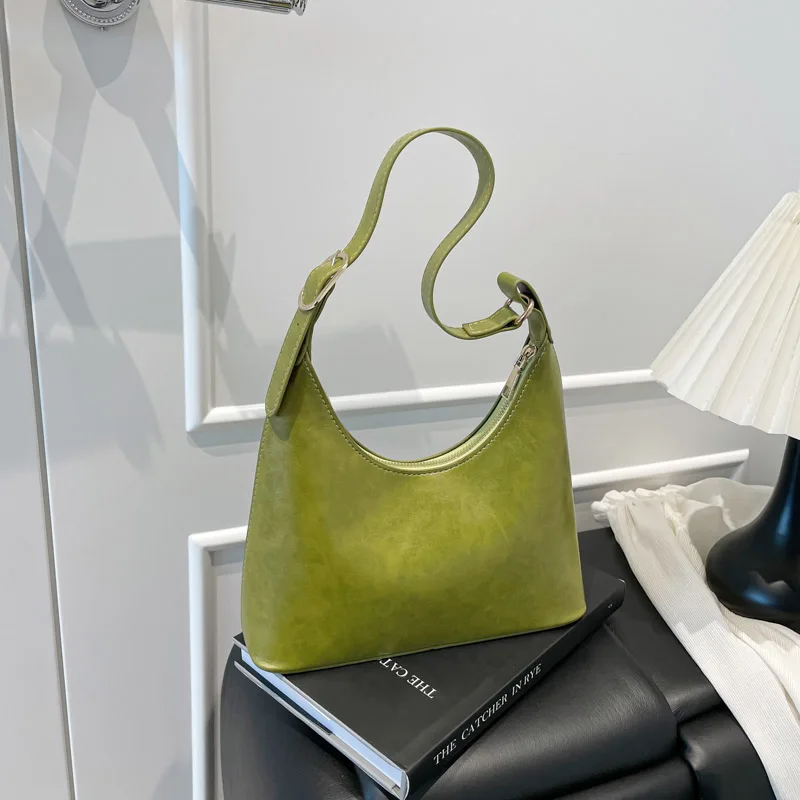 

French Retro Green Underarm Bags for Women New Simple Solid Color Party Handbags Texture Soft PU One Shoulder Bag Trend