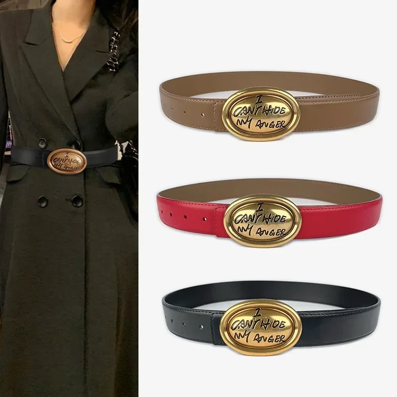 3.3cm High Quality Cowhide Genuine Leather Women's Belt Wide Fit Jeans Coat High-end Women's Fashion Belt  ...