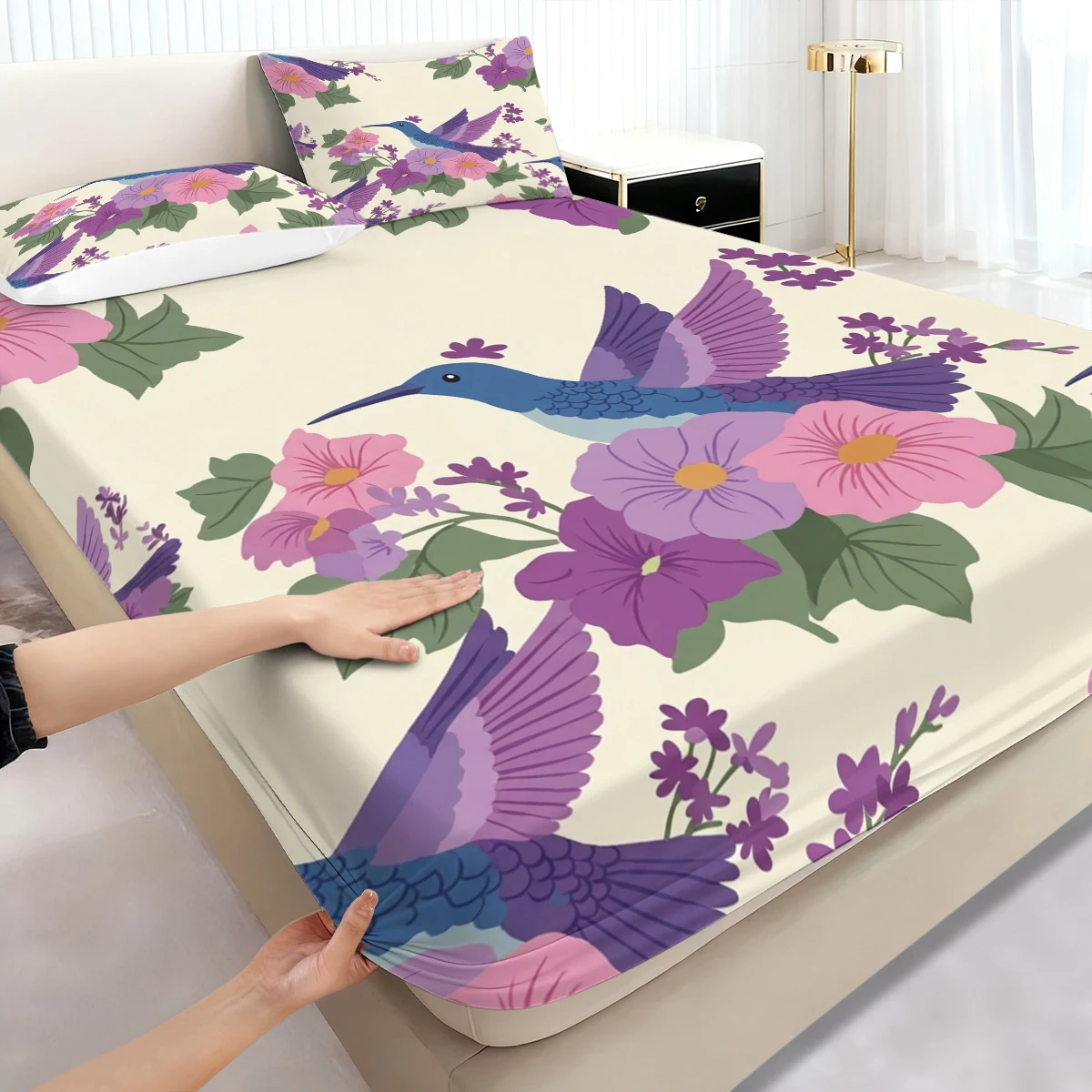 

3PCS Cream Base Hummingbird Floral Fitted Sheet Set, Elastic Mattress Cover with Pillowcases,Botanical Bedding for Bedroom Decor