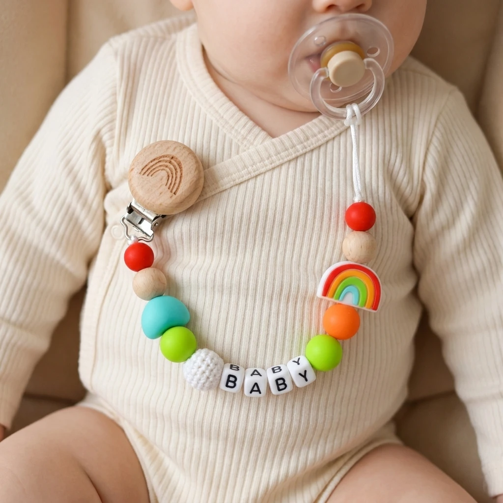 Handmade Rainbow Pacifier Clip Custom Name Baby Shower Gift Wooden Teether Holder Food Grade Colorful Baby Binky Chain