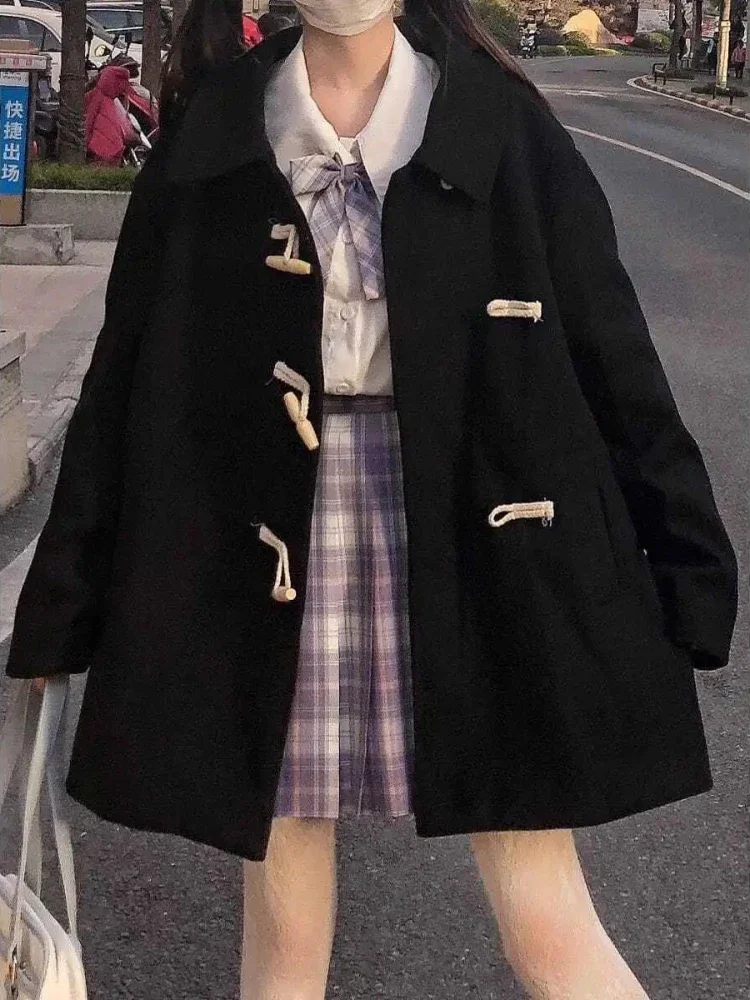 Blends Women Japanese Kawaii Outwear Solid Cozy Autumn Winter Student Coats College Preppy Style Sweet Schoolgirl Loose Fashion