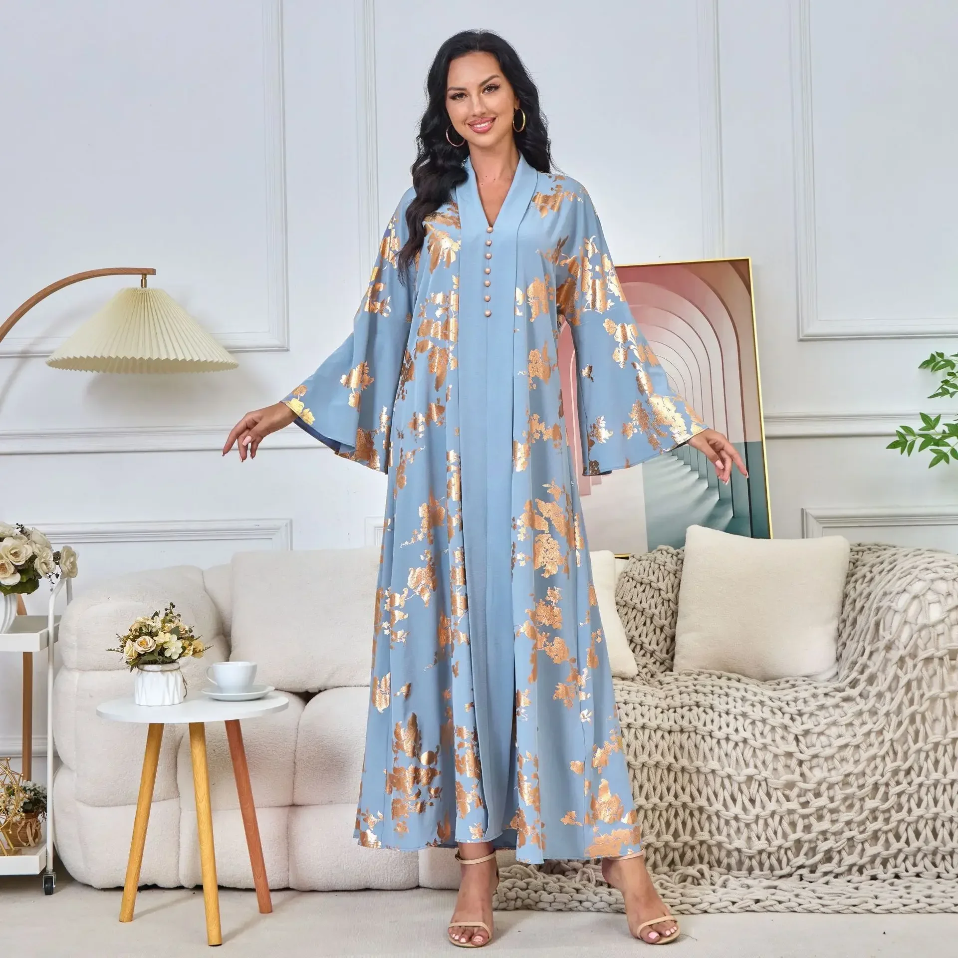 V-neck Long Sleeves Arabia Dubai Abayas Dress Print Muslim Dress Women Lace-up Dresses for Women Kaftan Femme Musulman Vestidos