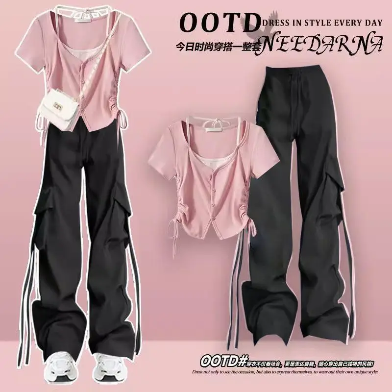 Summer Korean version new women's loose design short T-shirt+fashionable wide leg pants two-piece set