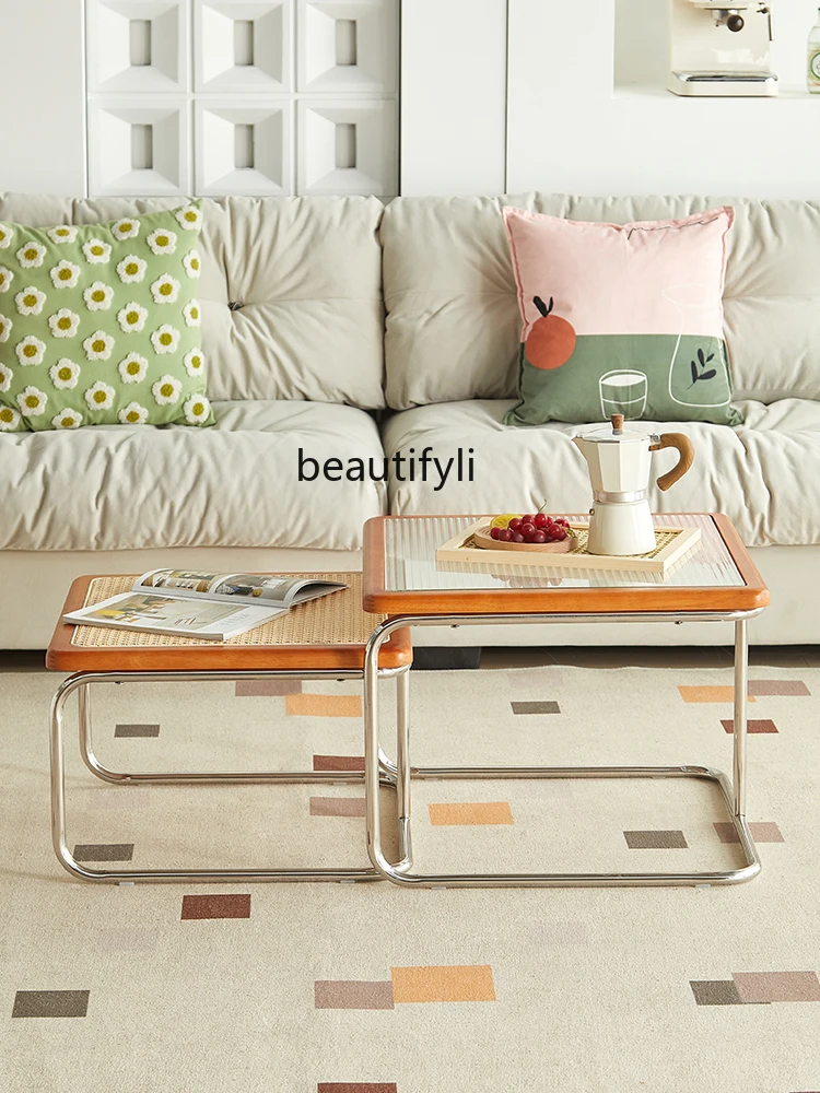 Coffee Table Living Room Home Side Table Combination Vintage Rattan Glass Stainless Steel Nordic