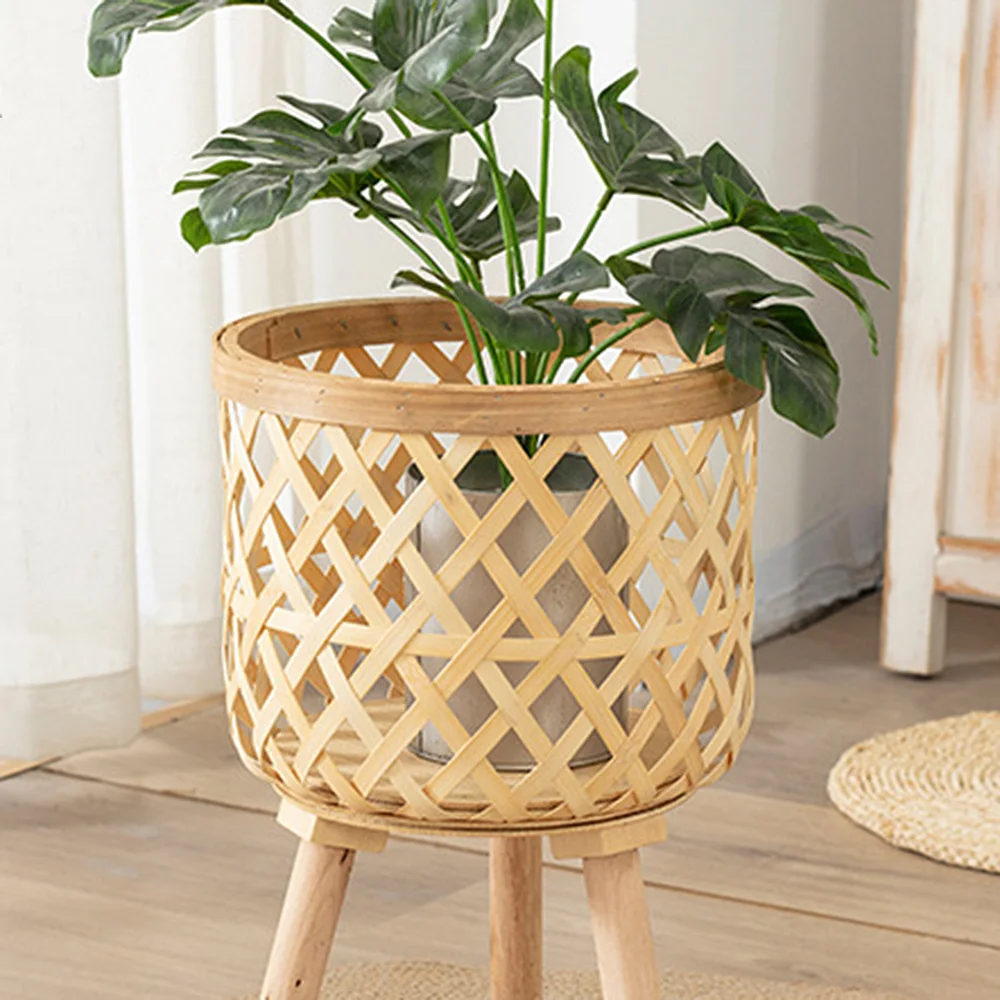 Handmade Bamboo Woven Flower Pot with Stand Plant Flower Display Storage Stand DIY Storage Nursery Pots Home Decoration