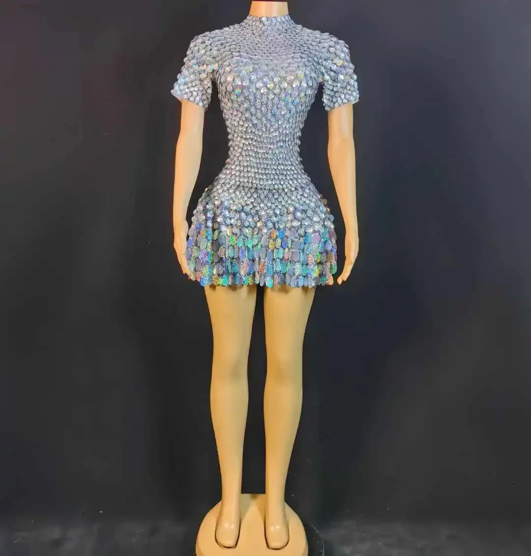

2025new Women Shell Short Sleeve Sparkly Sequins Dress Night Occasion Cheerleading Las Vegas Show Drag Queen Outfits