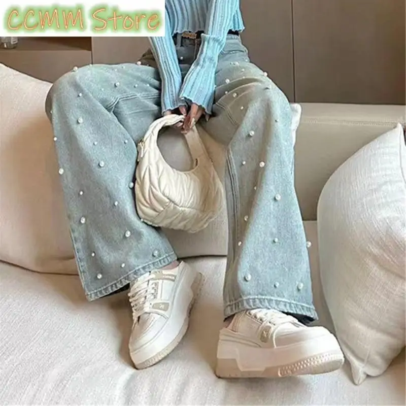 

Прямые джинсовые джинсы, женские свободные длинные джинсы с жемчугом, женские светло-голубые джинсы-бойфренды с высокой талией, женская уличная одежда