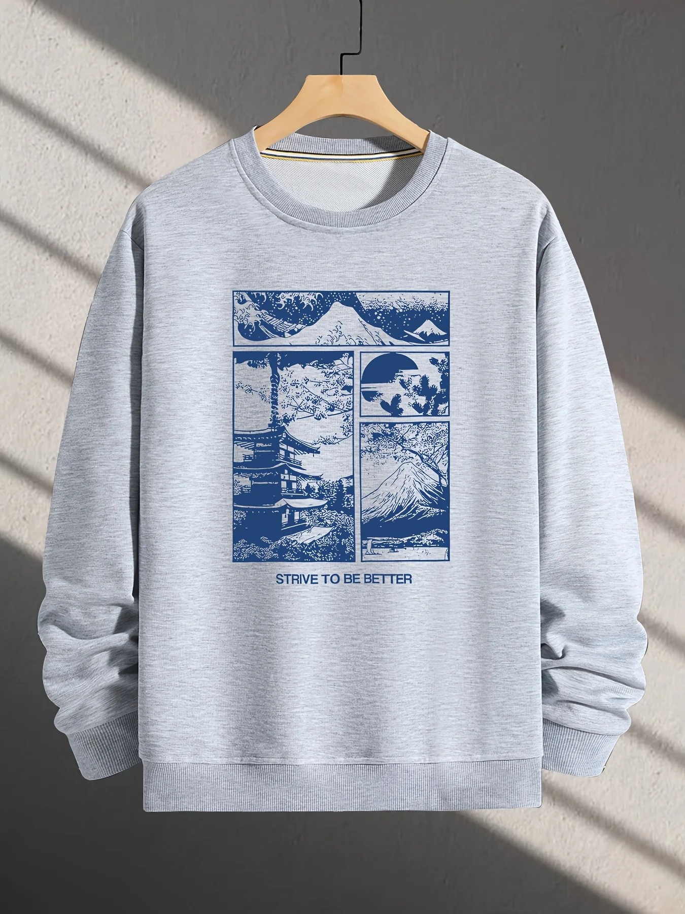Spring And Autumn, Men'S Fashion Crew Neck Sweater, Tokyo Kyoto Landscape Letter Printing Pattern