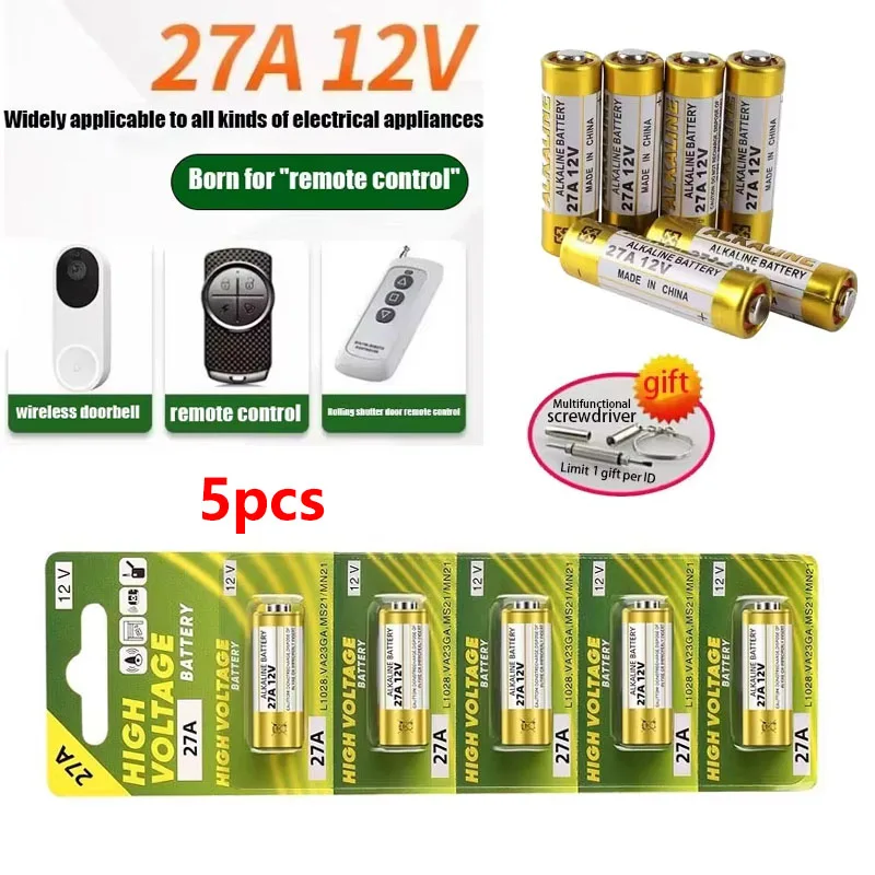 5 шт. 27A 12 В батарея A27 27A G27A MN27 MS27 GP27 V27GA для дверного звонка, рольставней, пульта дистанционного управления гаражными воротами, сухой щелочной батареи