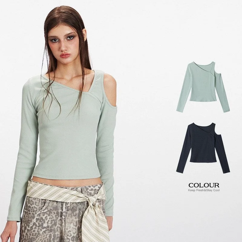 

HeyHenry Women's Slim Fit ort Sve T-irt Korean Sle Commute Pure Color Cotton Blend Long Sve Asymmetrical oulder