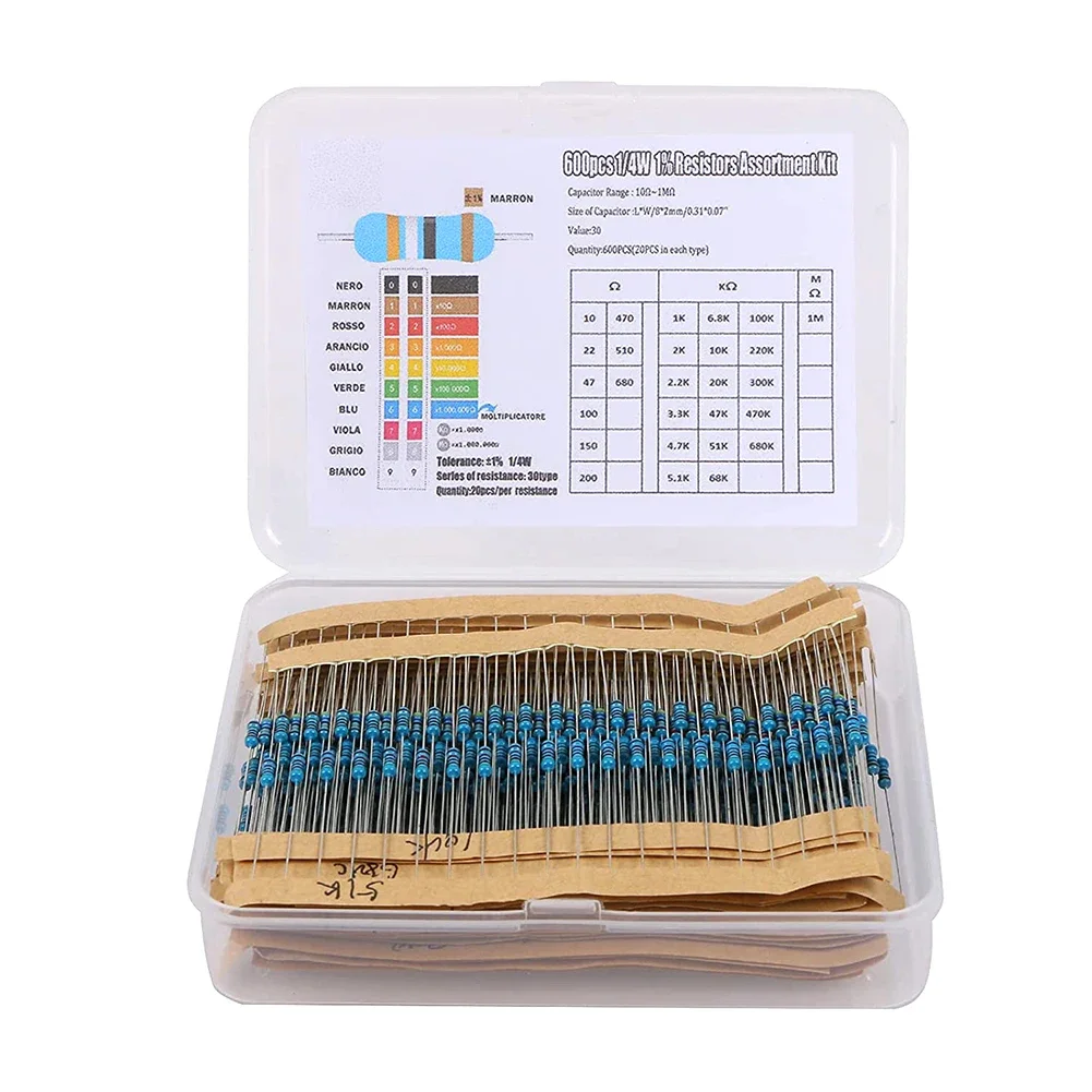 600PCS 1/4W ตัวต้านทานฟิล์มโลหะแพ็คความแม่นยํา 1% 10R-1M ค่าความต้านทาน 30 ประเภท,20 ตัวอย่างแพ็คแต่ละ