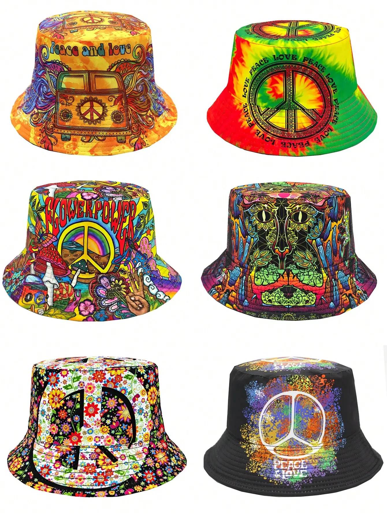 Lässiger Sommer-Fischerhut mit „Peace Love“-Aufdruck, Unisex Boho-Stil Wendbarer Sonnenschutz-Fischerhut