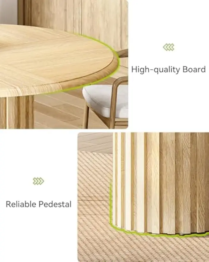 Mesa de comedor redonda de 47 pulgadas para 4, mesas de comedor de madera natural con pedestal estriado, mesa de comedor de cocina circular para