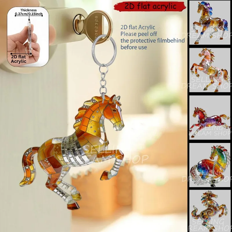 Buntes Pferd Acryl Schlüsselanhänger 2D Anhänger Autoschlüssel Hängende Ornamente Handy Fitnesstasche Zubehör Gedenkgeschenke