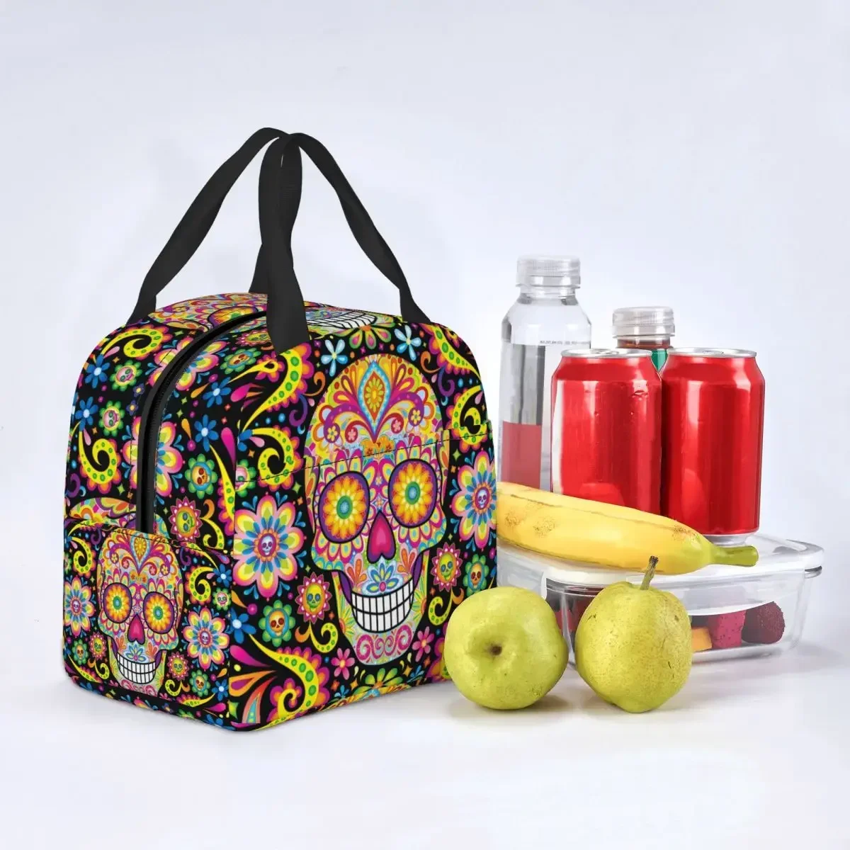 Mexican Sugar Skull Day Of The Dead Art Insulated Lunch Bags Women Resuable Thermal Cooler Food Lunch Box Outdoor Camping Travel