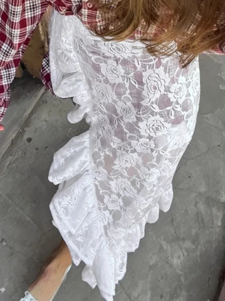 

Woman Clothes White Long Skirt 2025 Summer Fashion High Waist Ruffles Split Lace Skirts Streetwear Female Asymmetrical Dress