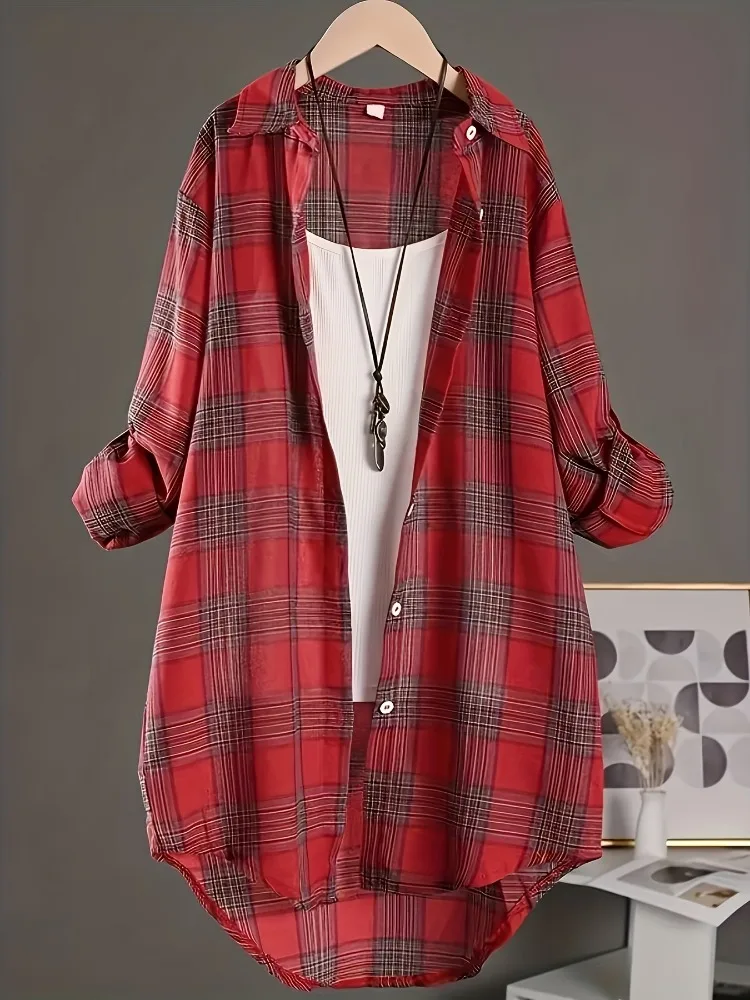 Large Size Women's Loose Medium Long Cotton and Linen Plaid Shirt Every Casual Daily