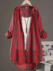 Large Size Women's Loose Medium Long Cotton and Linen Plaid Shirt Every Casual Daily