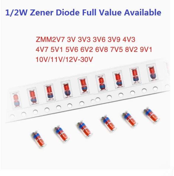 200PC ZMM 2V0 2.2V 2.4V 2.7V 3V 3.6V 3.9V 4.3V 4.7V 5.1V 5.6V 6.2V 6.8V 7.5V 8.2V 2V2/2V4/2V7/3V3/3V LL34 0.5W 1/2W Zener Diode