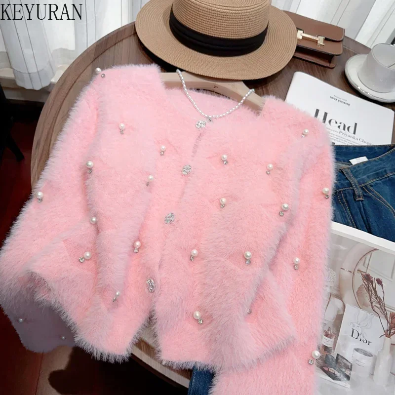 Pink Peals Diamonds Beading Mink Cashmere Sweater Jackets Women\'s Autumn Winter Sweet Long Sleeve Knitted Cropped Cardigan Coat