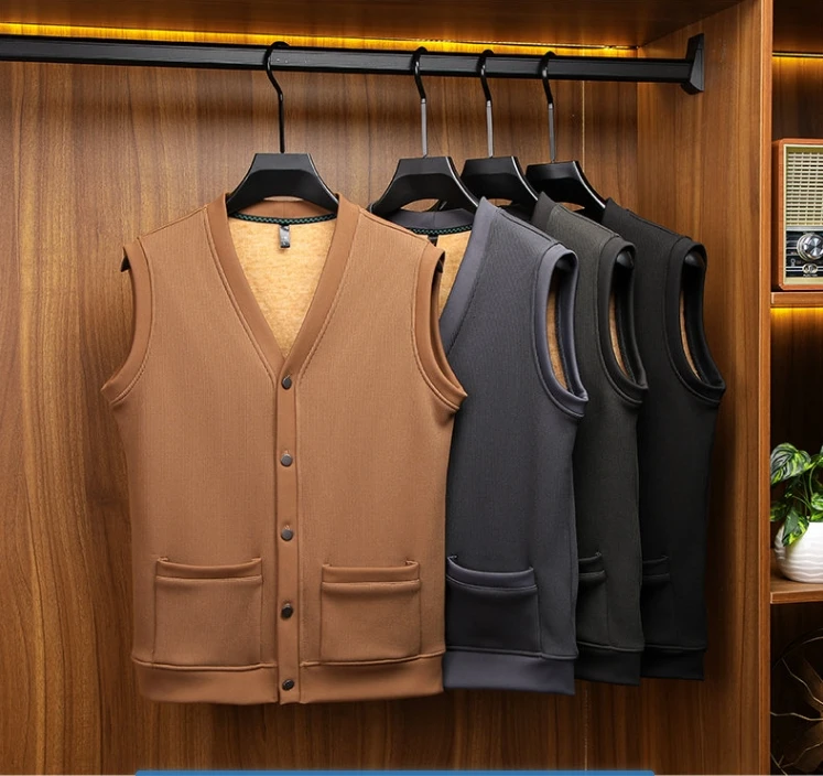 Men's Integrated Sweater Waistcoat, Sweater Vest and Cardigan, Thick Type with Pocket Warm Jacket, V-neck Jacket