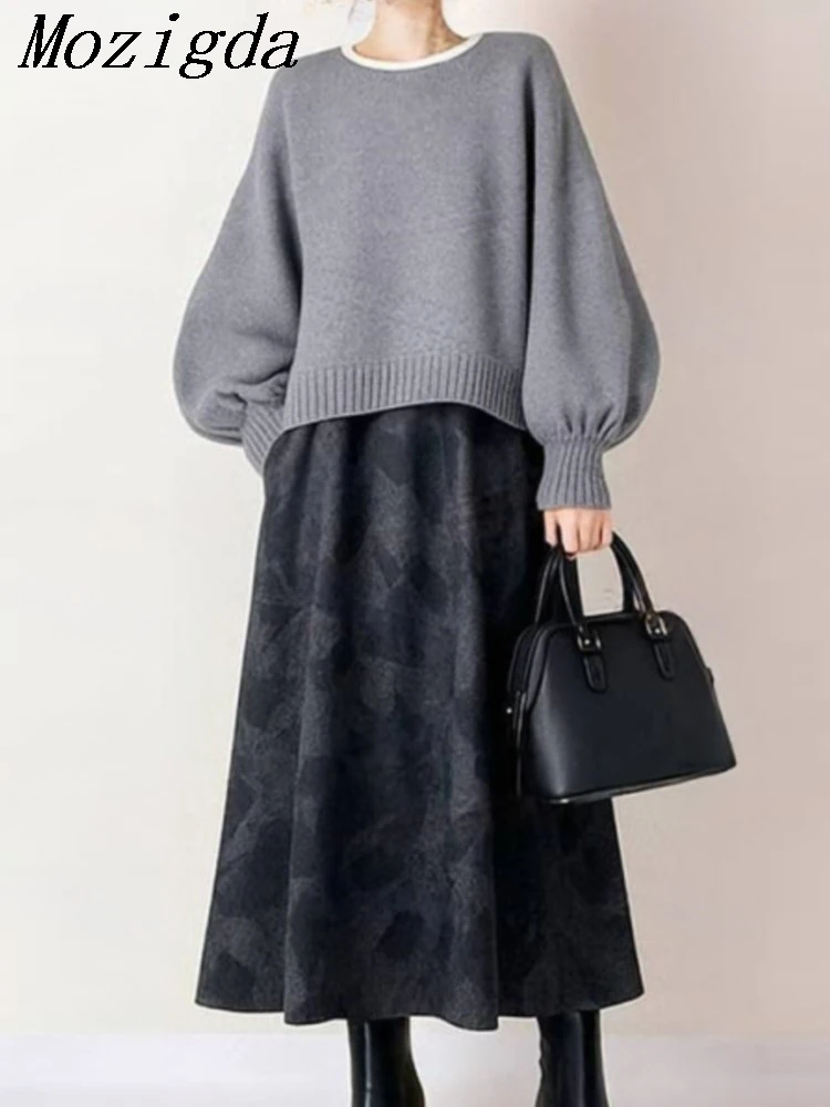 

Весенний свободный комплект из двух предметов, вязаный свитер с рукавами-фонариками, пуловер, женская японская корейская черная юбка с цветочным принтом, женский костюм