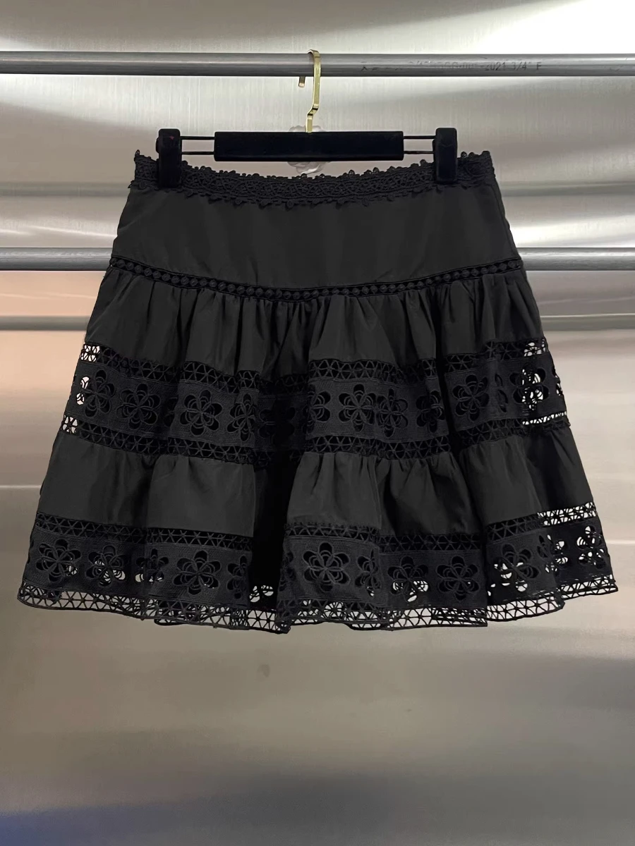 GALCAUR Black Spliced Lace Two Piece Set Female V Neck Long Sleeve Shirt Sweet Edgy Women's Skirt Sets Fashion Summer New Style view 6