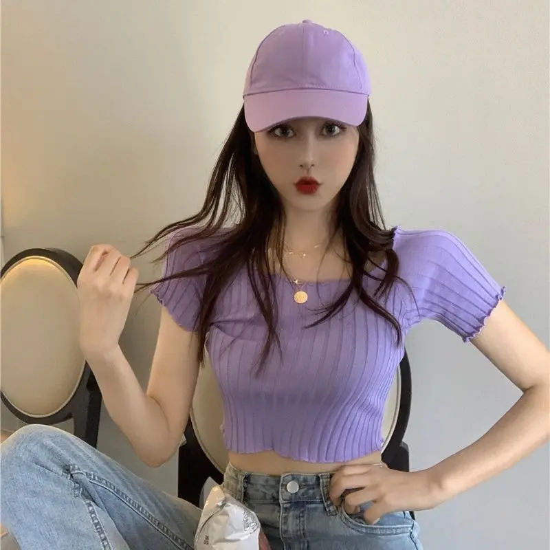 

2025Summer New Korean StylechicSexy Off-Shoulder Internet Celebrity Top Short Knitted Short Sleeve Shirt Women