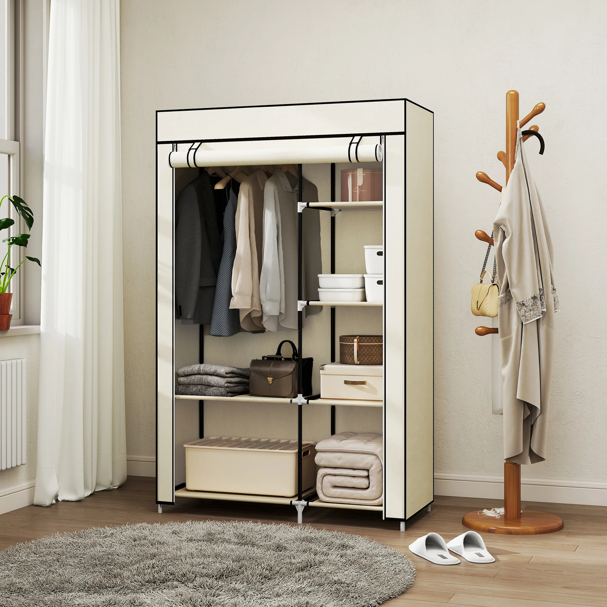 HOMCOM Kleiderschrank Stoffschrank mit 6 Ablagen, Kleiderstange, Reißverschluss Faltschrank für, Ankleidezimmer Schlafzimmer, 103 x 43 x 162,5 cm, Creme