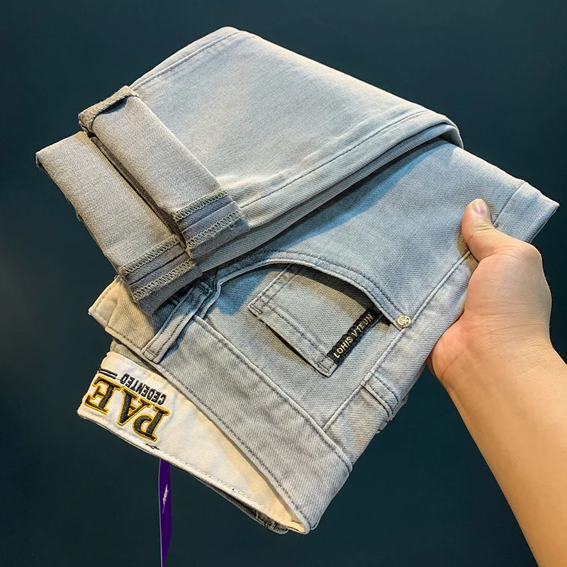 Summer Gray Thin Jeans Men's Trendy All-Matching Embroidered Pencil Pants Casual High-End All-Match Light Luxury Stretch Pants