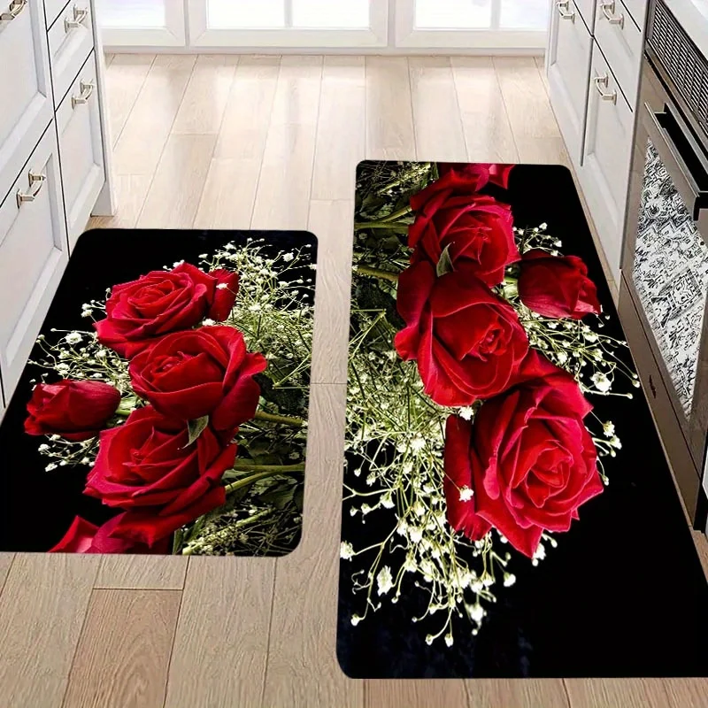 VIKAMA Red Rose Kitchen Mat Vibrant Floral Design Kitchen Rug Entrance Doormat Soft Rug For Bedroom Carpet For Living Room Home