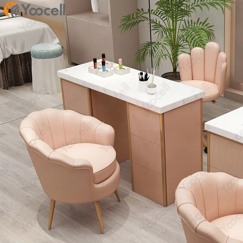 Yoocell Wholesale Best Seller Fashion Luxury Nail Table Set Golden Msrble Top Metal Manicure Shop Microblading Manicure Table