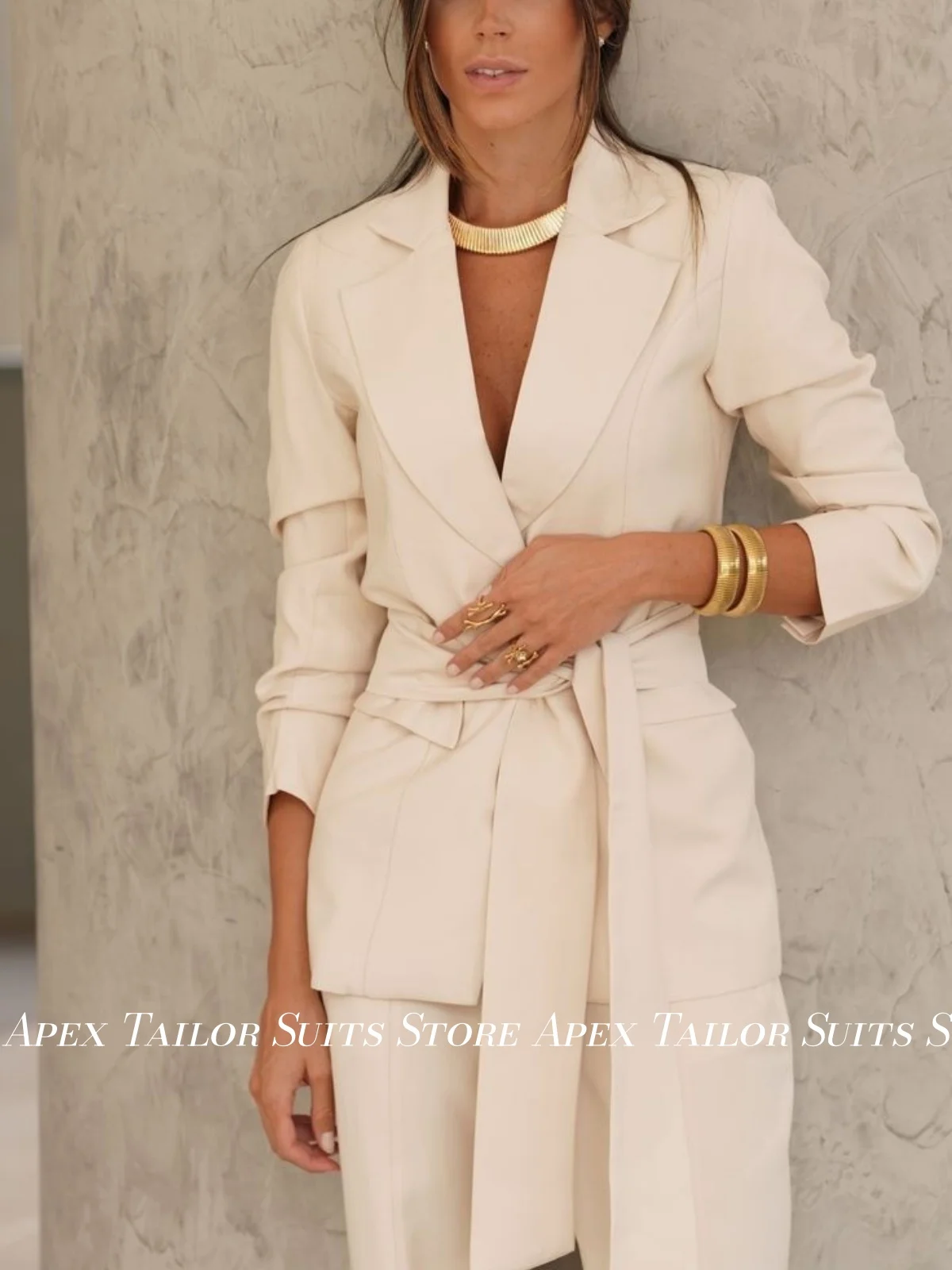 Women 2‑Piece Suit Set Beige Belted Waist Blazer Pants Formal Office Business Wedding Guest Party Prom Outfit Custom Made