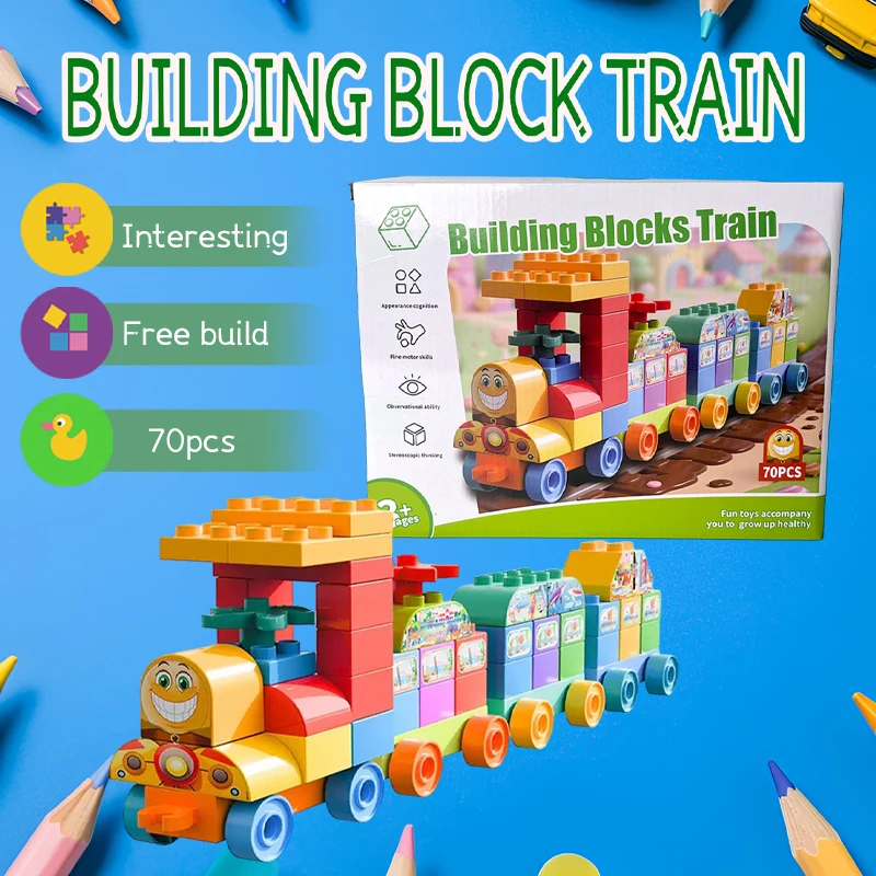 

70-Piece Colorful STEM Train Building Set for Kids 3+ – Creative DIY Blocks with Rolling Wheels & Fun Stickers