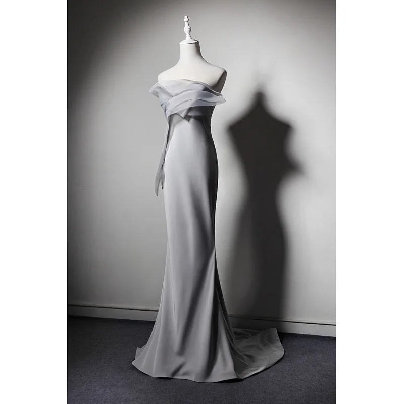 High Quality Light Gray Dress Graduation Ball Party Dress Toast Dress Slimming Dress