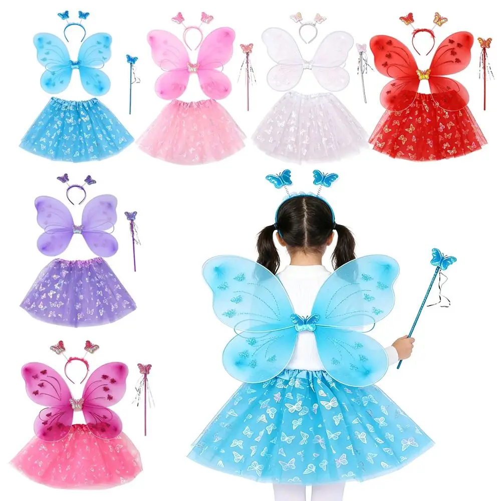 

4Pcs/Set Fairy Princess Costume Butterfly Wings Puff Skirt Princess Party Costume Tutu Skirt Fairy Wand Butterfly Wing Set