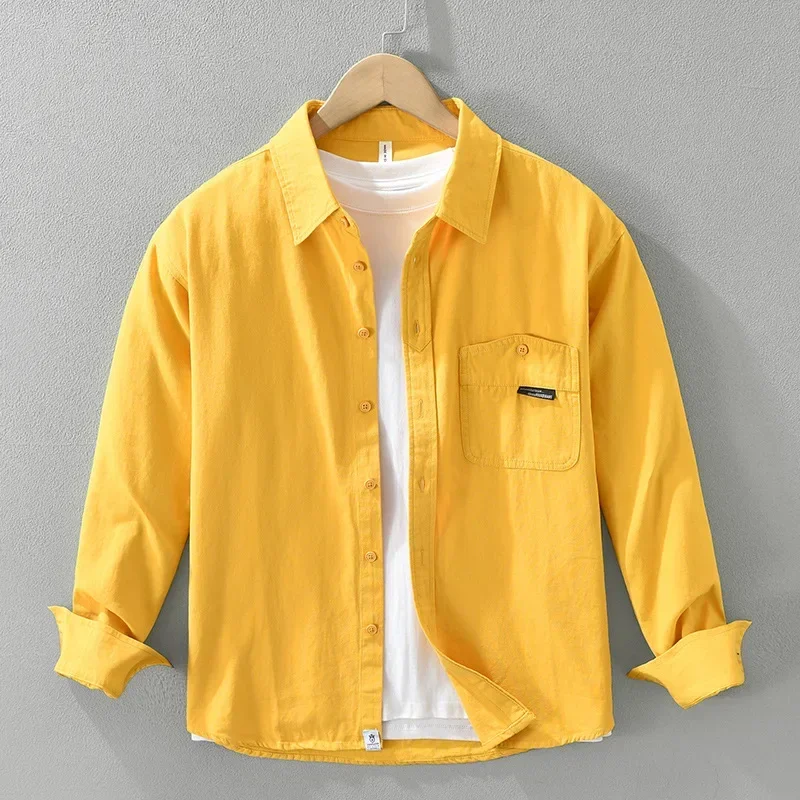 

Корейский стиль Мужская желтая рубашка с длинным рукавом Весна Осень Повседневная новинка в рубашках с карманами 100% хлопок Рубашка на пуговицах Мужские свободные рубашки