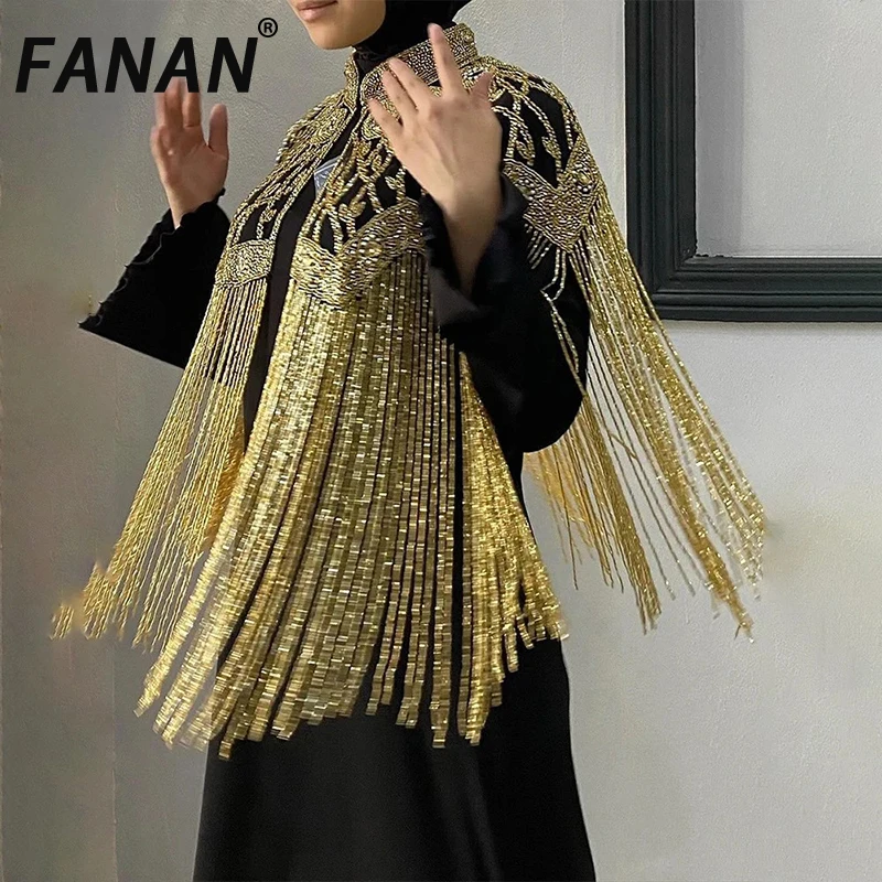 

FANAN Spliced Tassel Designer Cloak Coats For Women Stand Collar Spliced Diamonds Temperament Jacket Female Fashion New 2025