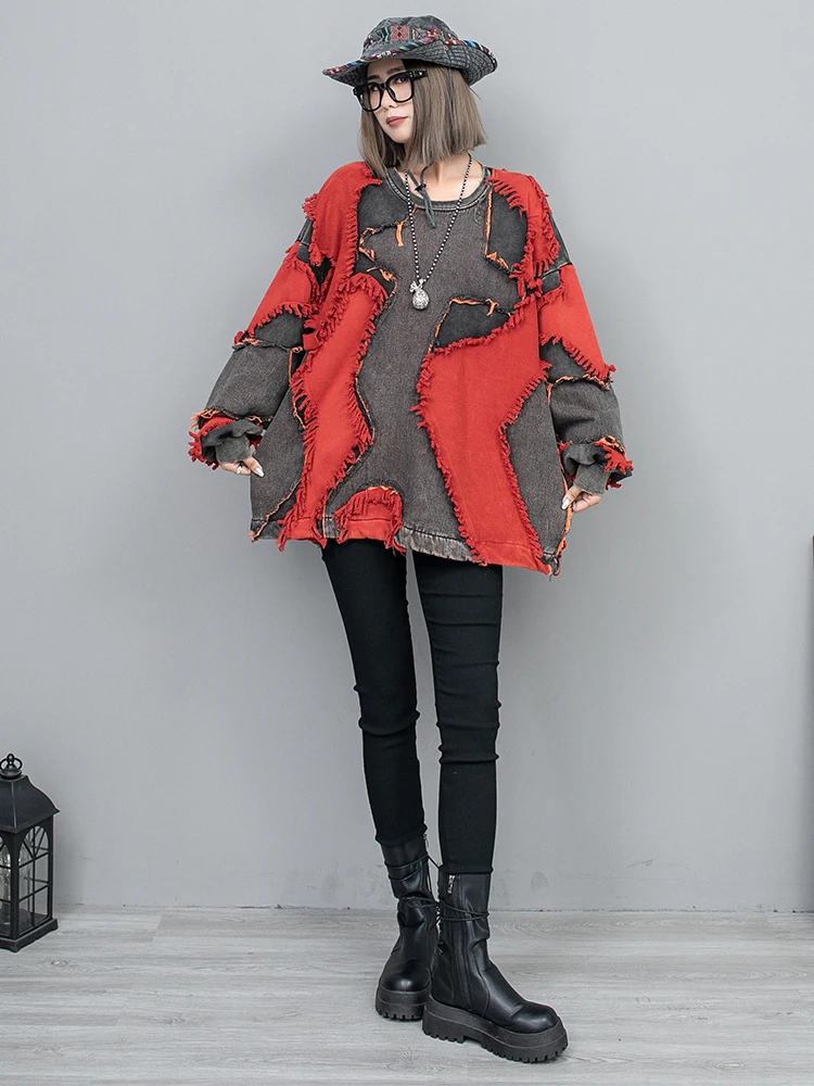 [EAM] Red Tassels Denim Thick Casual Sweatshirt New Round Neck Long Sleeve Women Big Size Fashion Spring Autumn 2023 1DH8104