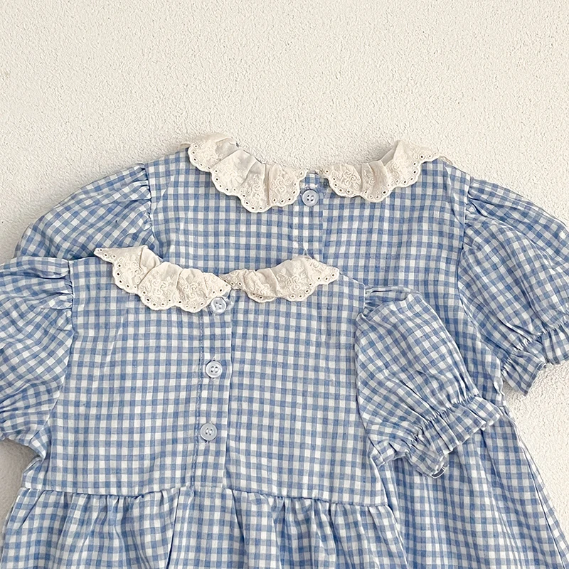 New Summer Baby Girls Romper Newborn Lace Clothing Vintage Blue Grid Infant Embroidery Jumpsuit Toddler Girls One-Piece Clothing