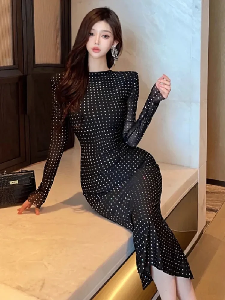 Topenomi High End Sequins Black Party Dress Women Sexy Backless Bandage Waist Slim Cocktail Banquet Evening Long Dresses Autumn