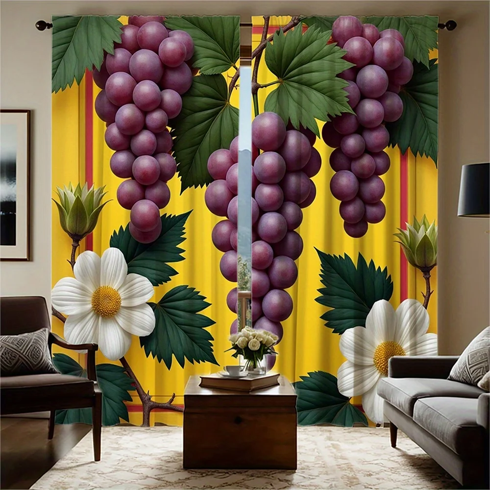 2pcs HD Digital Printed Curtain Set - Bouquet Series with Three Purple Grapes on Yellow Background, Green Leaves and Two White