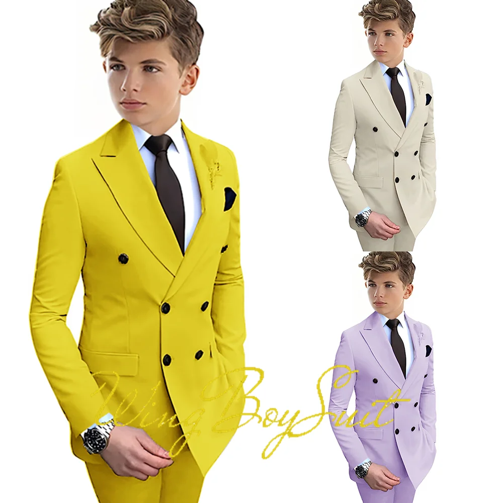 

Yellow Boys Suit Double Breasted Jacket Pants 2 Piece Set Business Style Formal Wedding Tuxedo Custom Size Blazer Kids