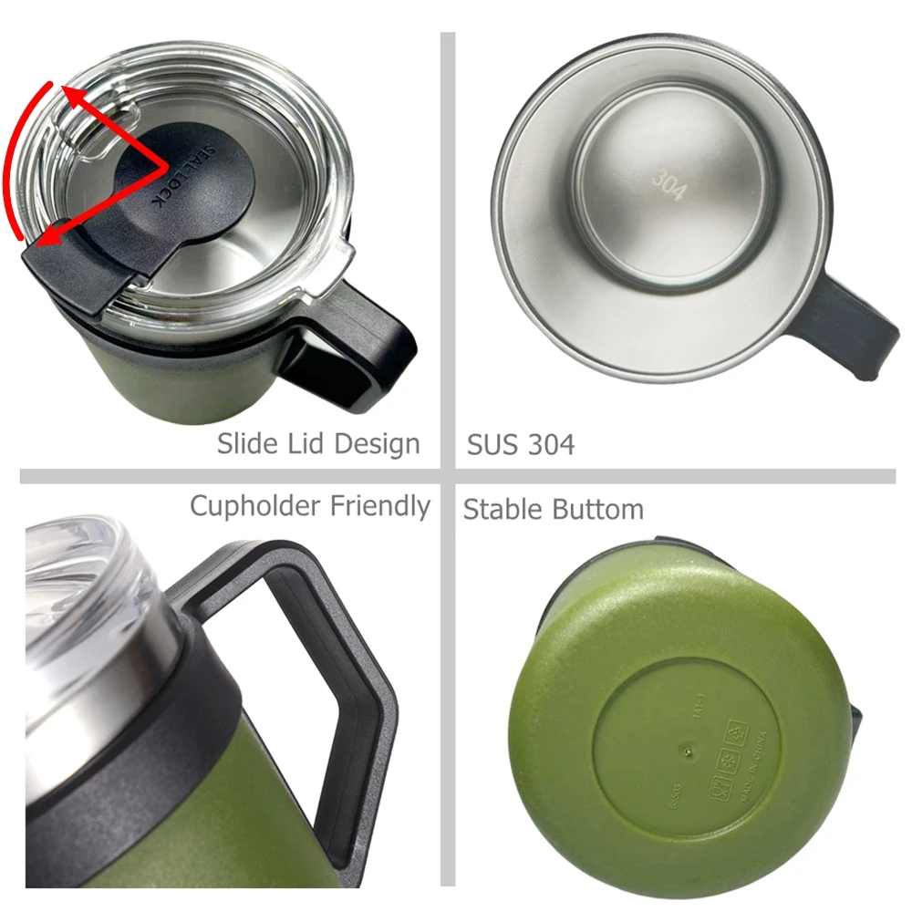550ml Coffee Mug with Handle Lid Double Wall Stainless Steel Thermal Coffee Mug Water Cup for Office Travel Camping White Green