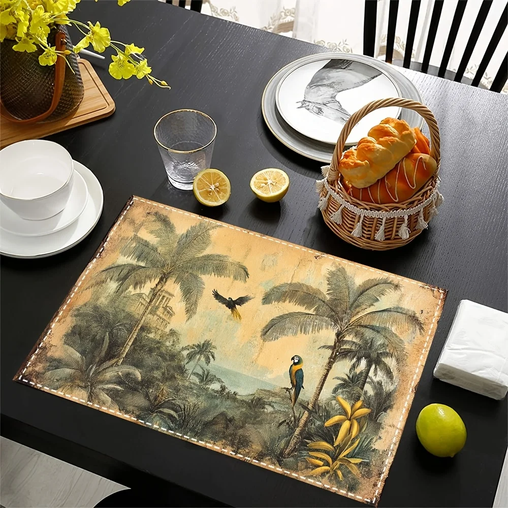 VIKAMA Tropical-Style Placemat With Vintage Palm Trees And Birds For Restaurant And Café Atmosphere Table Decoration