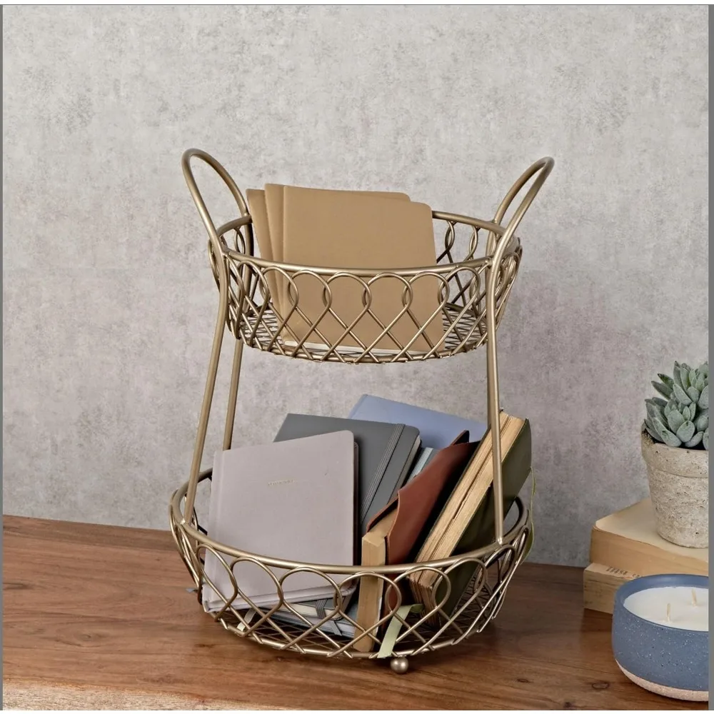 2-Tier Round Metal Fruit Storage Basket with Matte Gold Finish, Large Capacity for Kitchen & Home